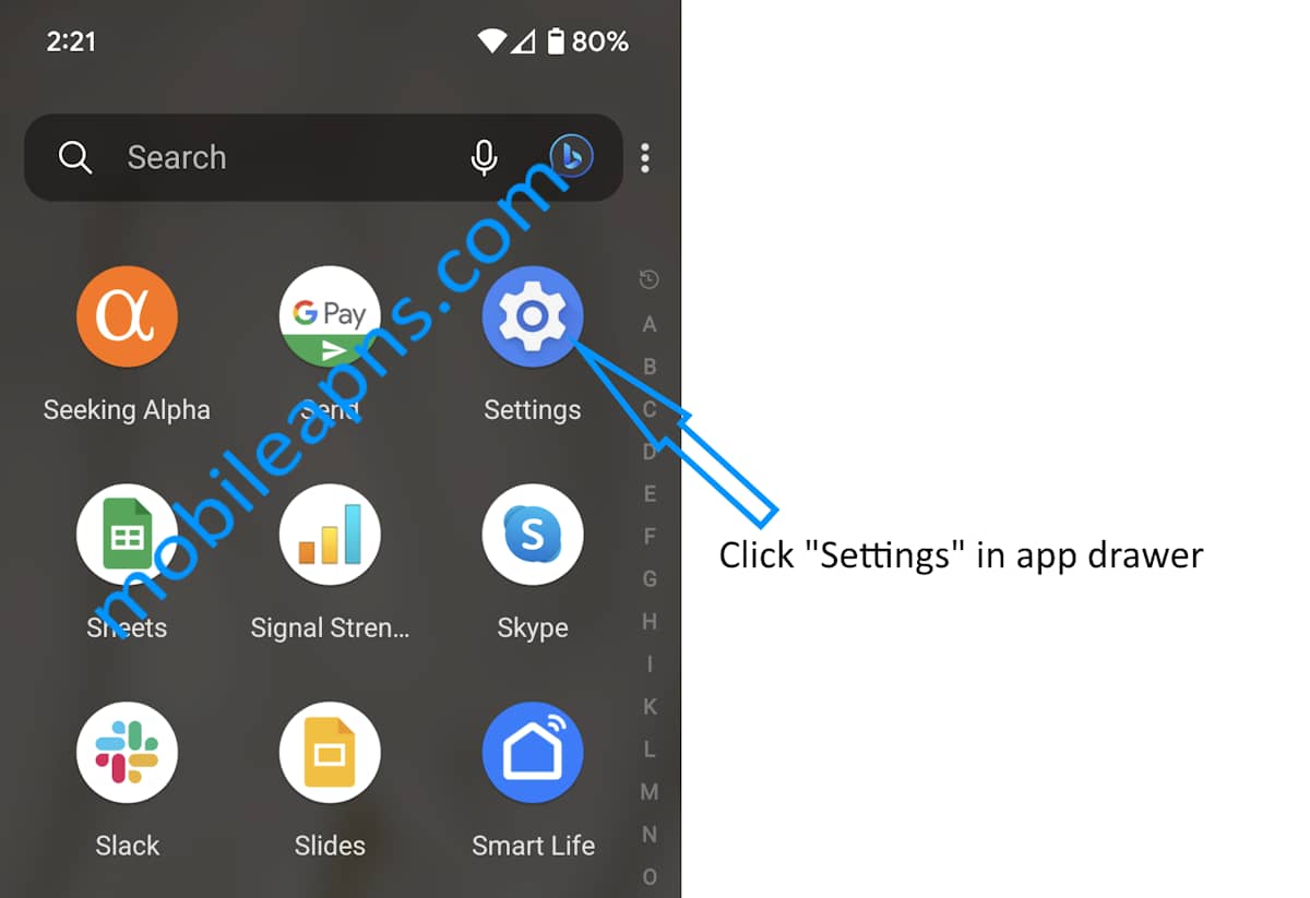 On Android click settings app to start looking for APNs