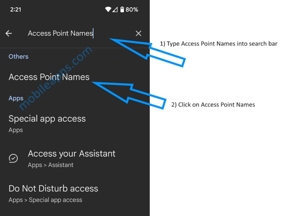 type access point names into settings search bar